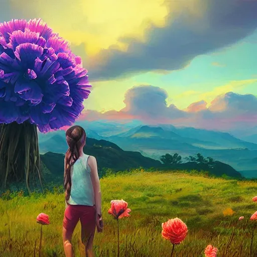 Image similar to giant carnation flower as a head, girl hiking in the mountains, surreal photography, sunrise, dramatic light, impressionist painting, colorful clouds, digital painting, artstation, simon stalenhag