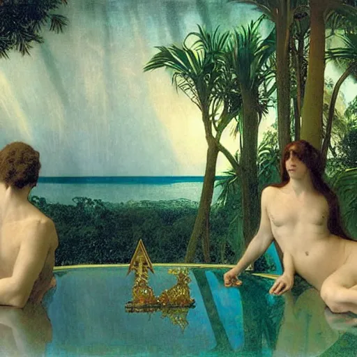 Image similar to The maze, refracted sparkles, thunderstorm, greek pool, beach and Tropical vegetation on the background major arcana sky, by paul delaroche, alphonse mucha and arnold böcklin, hyperrealistic symmetrical 8k, award-winning, very very very detailed