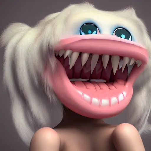 Prompt: cute fumo plush of a hungry monster girl, large maw smile, vray