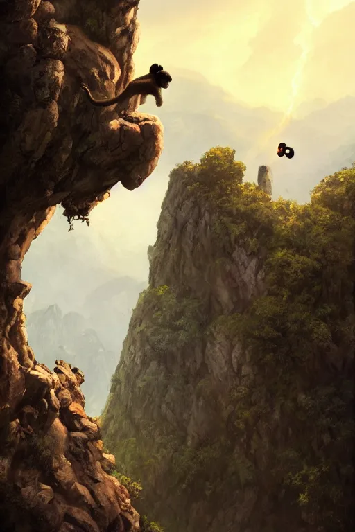 Image similar to a monkey standing at the top of a cliff throwing a bone in the air , dramatic lighting, cinematic, establishing shot, extremly high detail, photorealistic, cinematic lighting, artstation, style by James Gurney