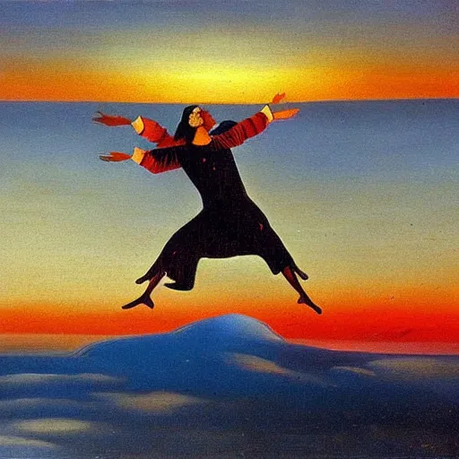 Image similar to A Sufi dancing above the clouds at golden hour, oil painting by Salvador Dali