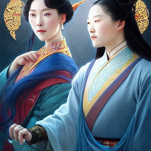 Image similar to ‘ a full portrait of two elegant Chinese princesses, kongfu fighting, D&D, blue eyes, fire hair, fantasy, intricate, elegant, highly detailed, digital painting, artstation, concept art, smooth, sharp focus, illustration, art by artgerm and greg rutkowski and alphonse mucha’