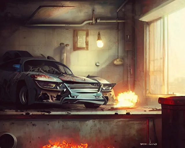 Prompt: awoke to the violent crunch of metal on wood, radiator, sweet smells of antifreeze and gasoline, by wlop, artgerm, greg rutkowski, volumetric lighting, movie poster pixar