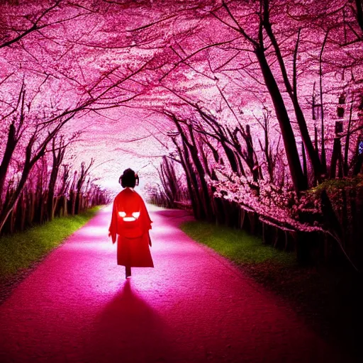 Image similar to beautiful full body portrait geisha walking on a trail through a forest of glowing cherry blossom trees with stream , beautiful face smiling, with cherry blossom in hand, ultra detail photo realistic cinematic neon lighting 4k shoot on Polaroid in 1977