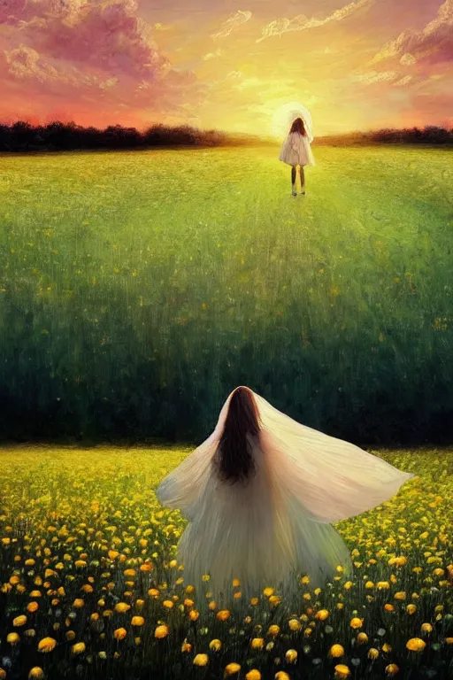 Prompt: giant white daisy flower head, girl with veil walking in a flower field, surreal photography, sunrise, dramatic light, impressionist painting, colorful clouds, digital painting, artstation, simon stalenhag