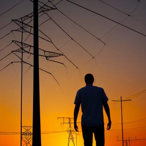 Image similar to man standing in front of electricity pylons at sunset, low angle