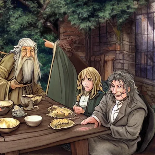 Image similar to lord of the rings gandalf drinking tea with hobbits in the shire, anime studio ghibili