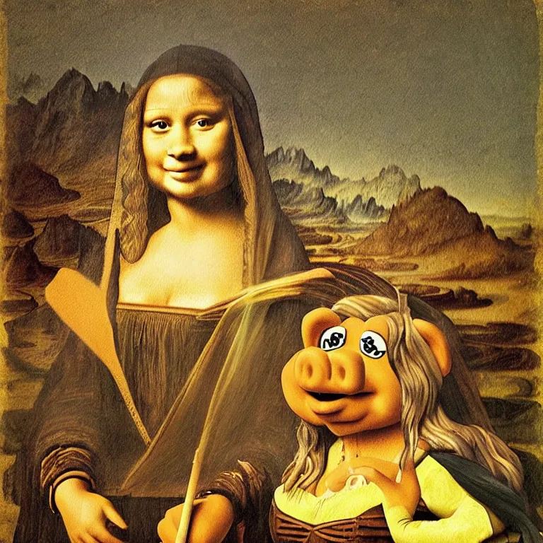 Image similar to Miss Piggy as the Mona Lisa painting by Leonardo da Vinci, medieval art, trending on artstation