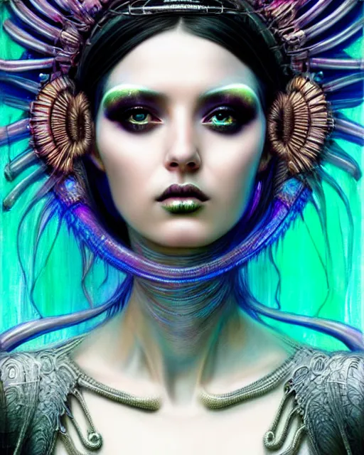 Prompt: hyperrealistic detailed portrait of a beautiful goddess in an iridescent cyber headdress, intricate cyberpunk make - up, art by android jones, john william godward, nekro borja, h. r. giger, gothic - cyberpunk,