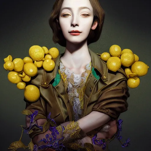 Image similar to the portrait of an absurdly beautiful, graceful, elegant, sophisticated, young perky woman made up of lemons, an ultrafine hyperdetailed illustration by kim jung gi, irakli nadar, intricate linework, bright colors, octopath traveler, final fantasy, unreal engine 5 highly rendered, global illumination, radiant light, detailed and intricate environment