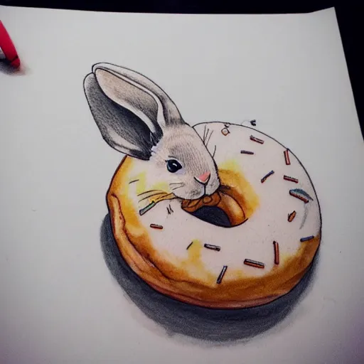 Image similar to a tattoo sketch of a rabbit eating a donut