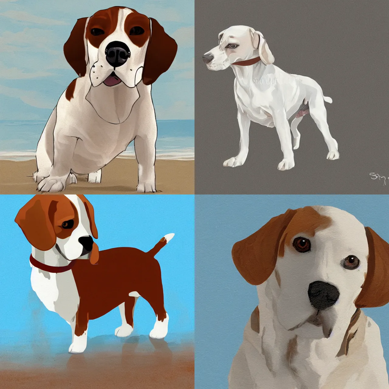 Prompt: white beagle dog with brown head and one spot on beach, concept art, In the art style of Henderson, Steve