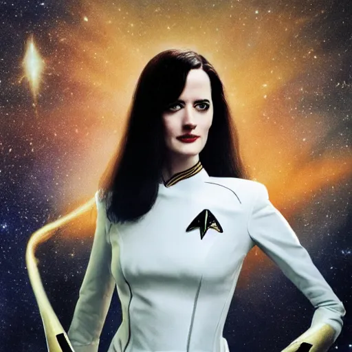 Image similar to a full body portrait of 3 0 year old eva green as a star fleet officer from star trek next generation, ultra rendered, extreme realism and detail, 8 k, highly detailed, realistic, completely framed, hyper realistic, colorful, direct lighting, 3 5 mm photo, photorealistic, sharp focus