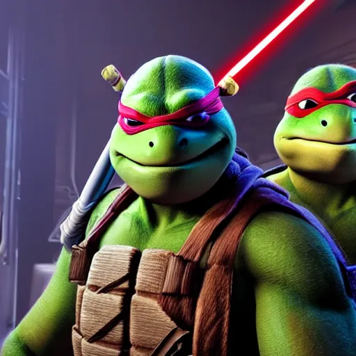 Image similar to still photo of teenage mutant ninja turtles and star wars, highly detailed, photorealistic portrait, bright studio setting, studio lighting, crisp quality and light reflections, unreal engine 5 quality render