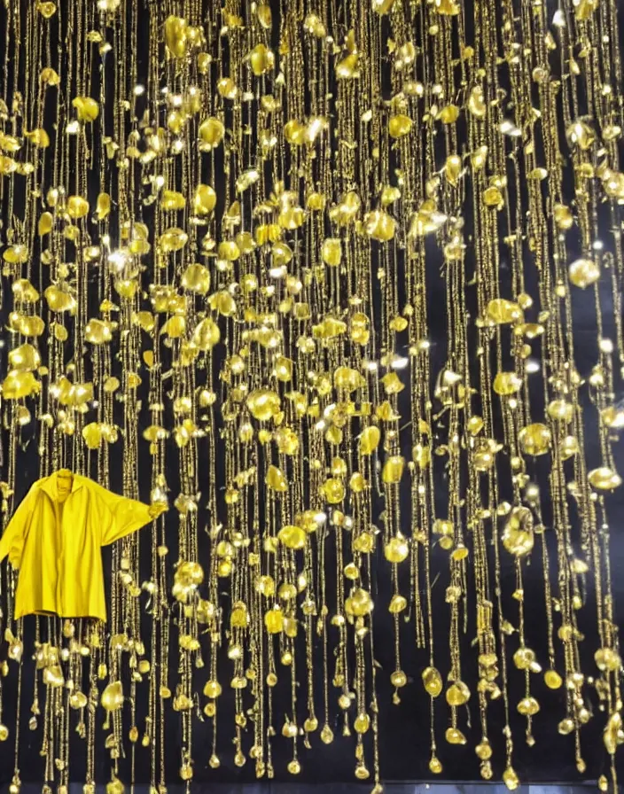 Prompt: a lone yellow zara raincoat flying hanging mid - air on a glittering rainy display designed by james terrell, we anderson