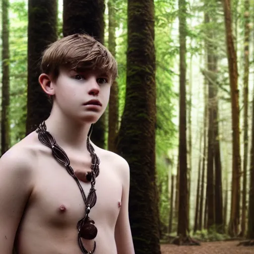 Prompt: a teenage boy, around 1 6 yo. spike necklace. natural brown hair. loincloth, pale skin. detailed face. ominous and eerie looking forest in background. natural colors. hyperrealistic photo.