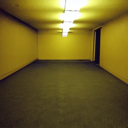 Image similar to flash low quality photograph of the backrooms, mustard - yellow old moldy moist carpet room, empty liminal space, very dark shadows, broken fluorescent lighting, horror movie scene, film grain