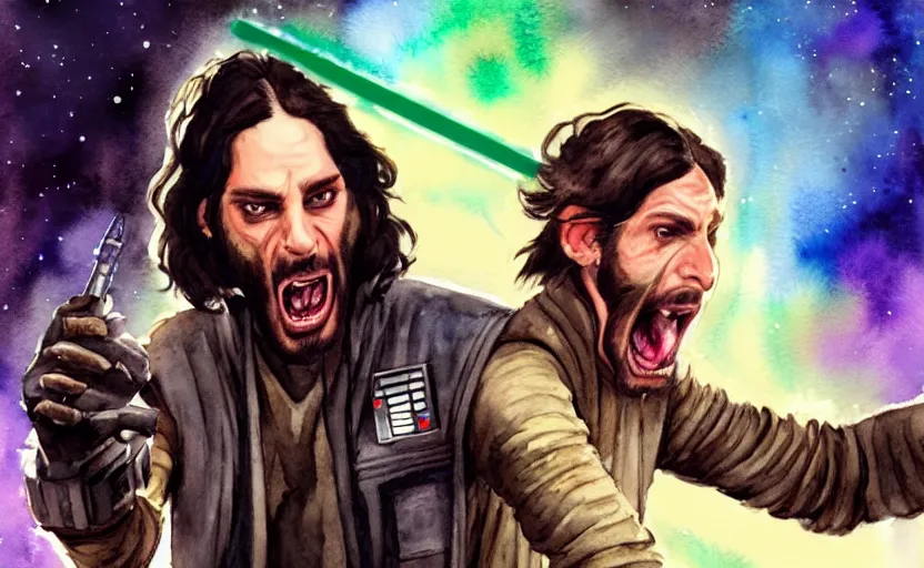 Image similar to an accurate realistic star wars watercolor fantasy concept art of a drug dealer that looks like chris d'elia yelling angrily in a sleazy futuristic bar of coruscant, hq, 4 k