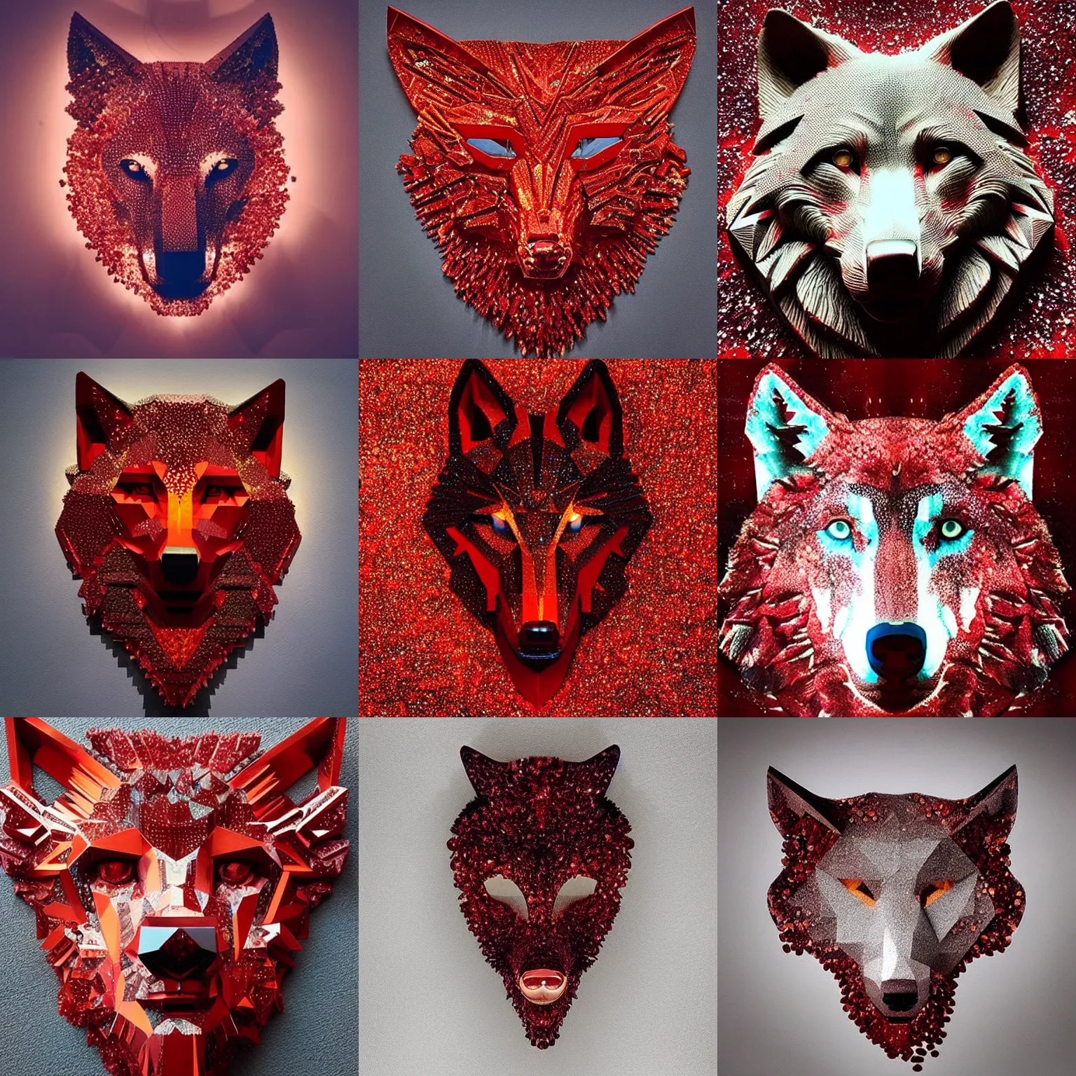 Prompt: “wolf made of red crystals, strong lighting, beautiful portrait image, high definition sculpture”