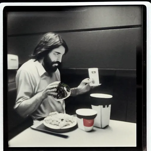 Image similar to jesus taking a lunch break at his day shift at mcdonald ’ s circa 1 9 8 0, polaroid image