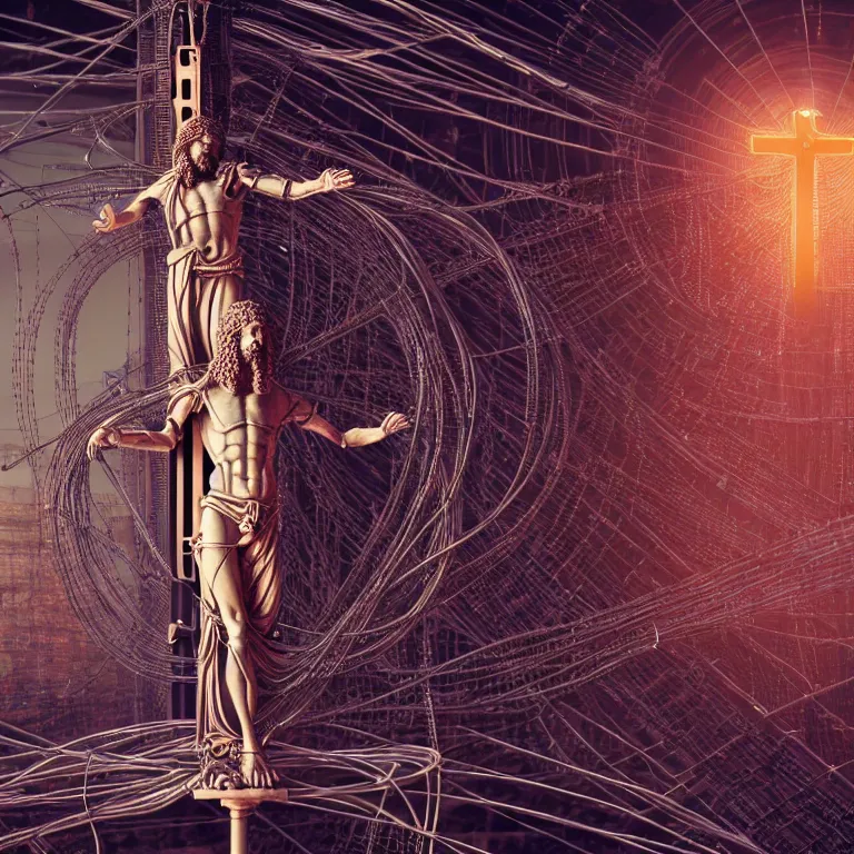 Prompt: biomechanical religious sculpture statue of jesus on cross made of wires cables tubes, cyberpunk, baroque painting, beautiful detailed intricate insanely detailed octane render, 8K artistic photography, photorealistic, chiaroscuro, Raphael, Caravaggio, lit by colorful pastel neon lights