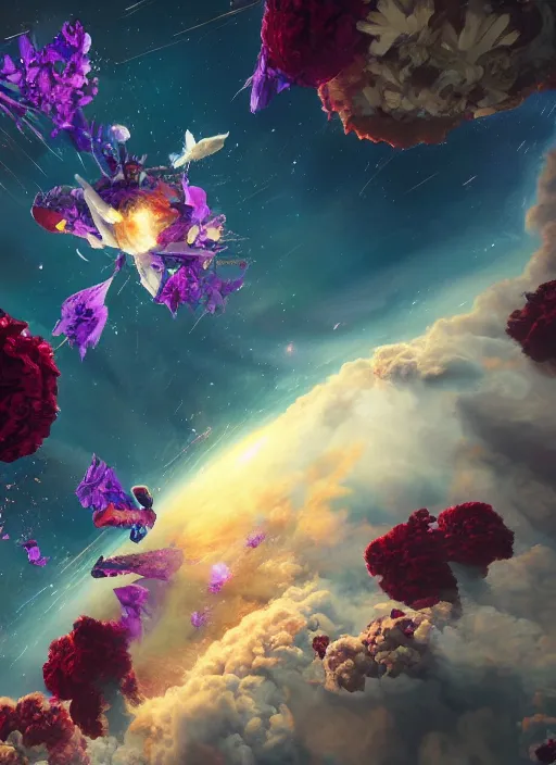 Image similar to An epic fantastic realism comic book style painting of the most beautiful flowers launched into space, bouquets, fisheye lens, unreal 5, DAZ, hyperrealistic, stars in the night sky, octane render, dynamic lighting