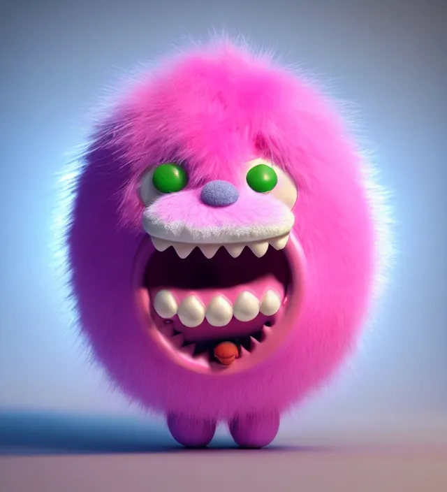 Image similar to high quality 3 d render hyperrealistic very cute big pink little spherical creature with big happy mouth an tooth, plush mascot, short spiky dense fluffy smooth hair, isometric 3 d, pink fluffy fur, 1 5 0 mm, beautiful natural soft light, rim light, smooth background, artstation, ultra detailed, elegant, ultra detailed, metallic armor, octane render