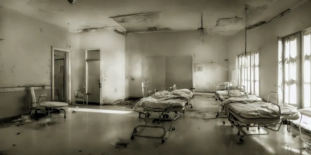 Prompt: depressing soviet hospital ward, demonic doctors, dying patients, movie still, low - key light, wide shot