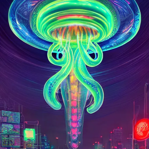 Image similar to neon jellyfish in tokyo, intricate, highly detailed, digital painting, trending on artstation, concept art, smooth, sharp focus, illustration, unreal engine 5, 8 k, art by artgerm and greg rutkowski and alphonse mucha