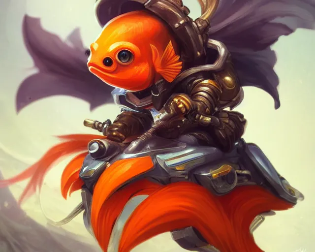 Image similar to a super cute anthropomorphic goldfish from final fantasy, sitting on a motorcycle, deep focus, d & d, fantasy, intricate, elegant, highly detailed, digital painting, artstation, concept art, matte, sharp focus, illustration, hearthstone, art by artgerm and greg rutkowski and alphonse mucha