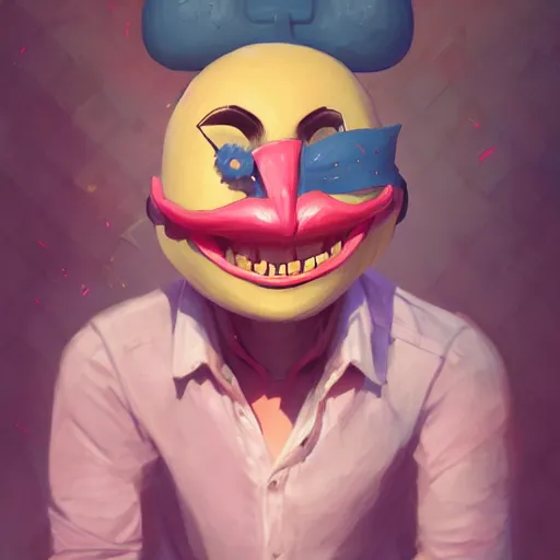 Image similar to a portrait of a cinematic still of the smiling happy mask salesman, art by lois van baarle and loish and ross tran and rossdraws and sam yang and samdoesarts and artgerm and saruei and disney, digital art, highly detailed, intricate, sharp focus, trending on artstation hq, deviantart, unreal engine 5, 4 k uhd image