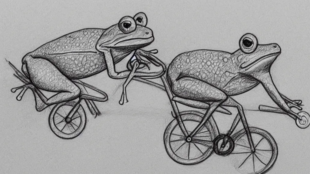 Image similar to a pencil sketch of a frog riding a bicycle