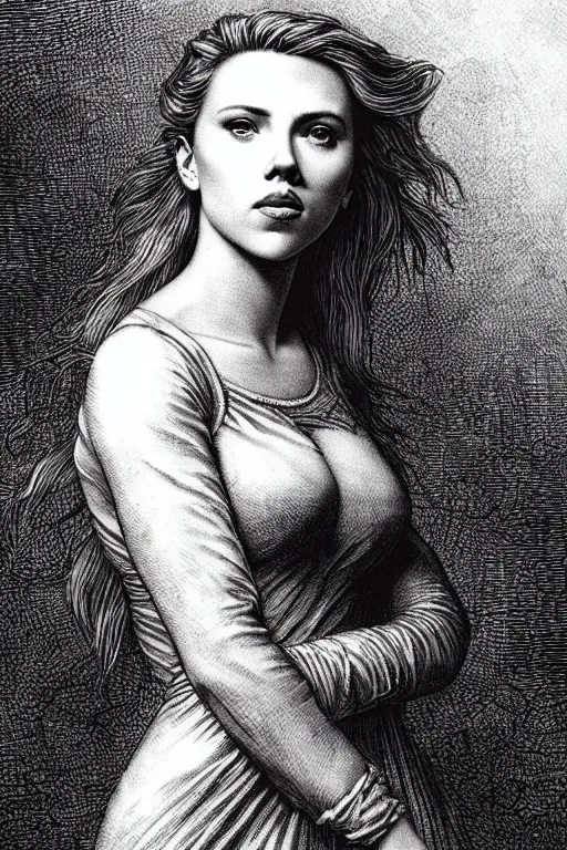 Prompt: scarlett johansson, full engraving ink by gustave dore