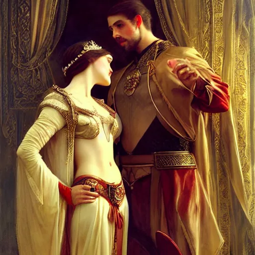 Image similar to attractive fully clothed king confesses his love for his attractive fully clothed male prince consort. highly detailed painting by gaston bussiere, tom bagshaw, j. c. leyendecker