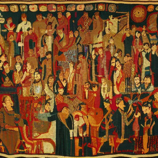 Image similar to ancient tapestry of an absolutely chaotic nightclub scene