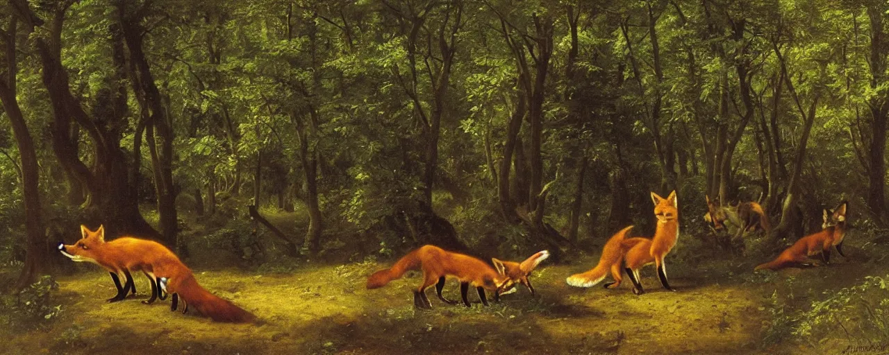 Image similar to foxes in the forest, by albert bierstadt