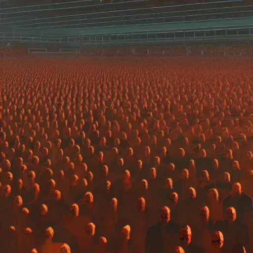 Prompt: a farm of human heads in a stadium, Simon Stalenhag, beeple, Wadim Kashin, 4K, cinematic