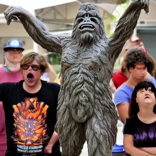 Image similar to occult worshippers worshipping a bigfoot statue