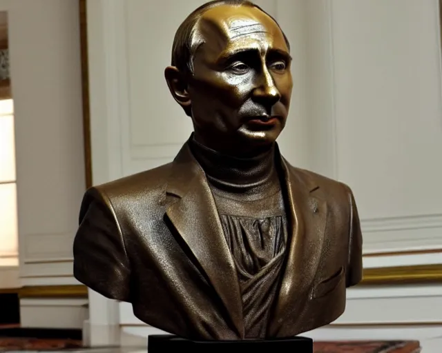 Prompt: a bronze bust of Vladimir Putin