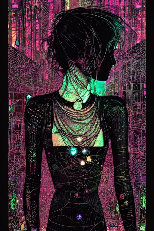 Prompt: dreamy cyberpunk girl, abstract black leather, digital nodes, beautiful woman, detailed acrylic, grunge, intricate complexity, by dan mumford and by harry clarke, peter lindbergh