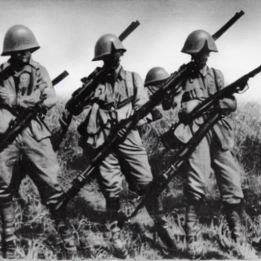 Image similar to a platoon of WWII war kittens holding rifles.