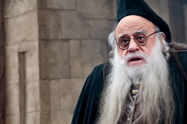 Prompt: film still of Danny DeVito as Albus Dumbledore in Harry Potter