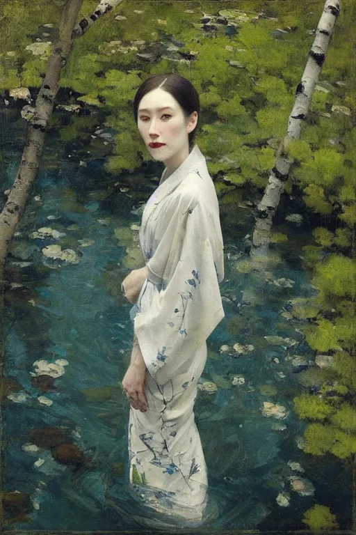 Image similar to “ woman in kimono, posing underwater before birch trees, jeremy lipking, joseph todorovitch ”