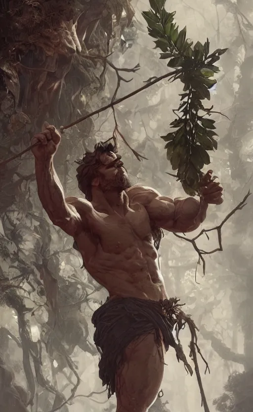 Image similar to god of the forest, 30 years old, rugged, male, gorgeous, detailed face, amazing, thighs!!!!!!, muscular, intricate, highly detailed, digital painting, artstation, concept art, sharp focus, illustration, art by greg rutkowski and alphonse mucha