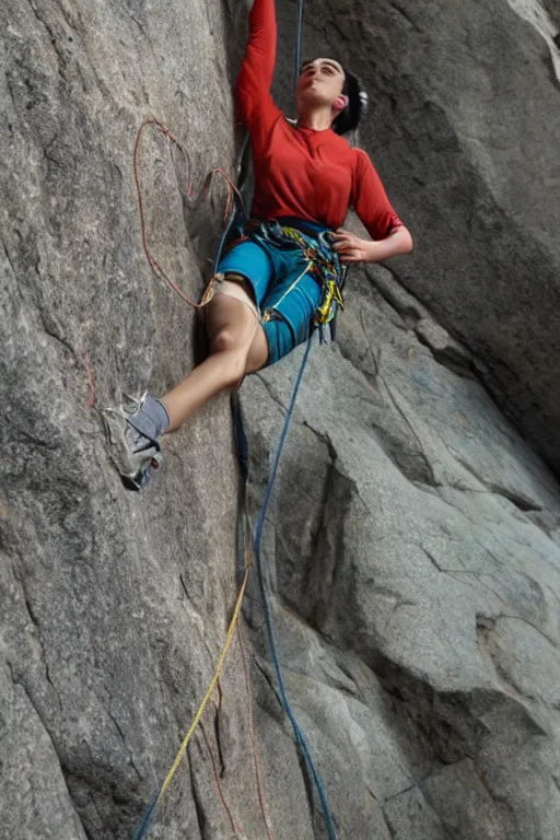 Prompt: a hyperrealistic portrait of Frida kahlo rock climbing, hd, 8k, artstation