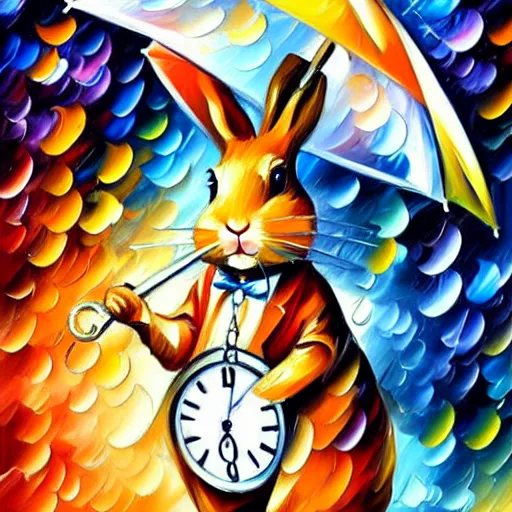 Image similar to rabbit with an umbrella in the rain looks at the pocket watch, by leonid afremov