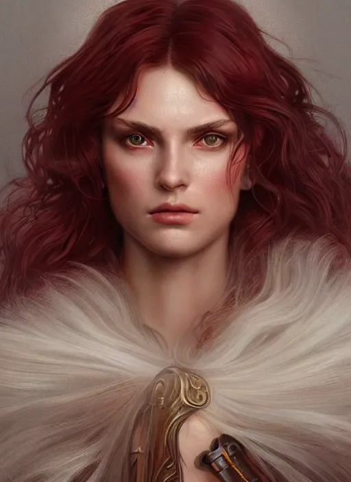 Image similar to vertical portrait of a ruggedly handsome female cleric, soft hair, close - up face, leather, witchy, d & d, fantasy, intricate, elegant, highly detailed, digital painting, artstation, concept art, smooth, sharp focus, illustration, art by artgerm and greg rutkowski and alphonse mucha, plain red background