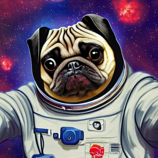 Prompt: hyper realistic, highly detailed, astronaut pug in space.