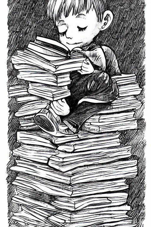 Prompt: a little boy with ginger hair sits cross legged on top of a tall pile of books. he is reading. clean elegant pretty cartoon painting, beautiful detailed face, storybook illustration.