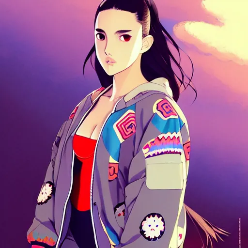Image similar to a beautiful plus sized model japanese natalie portman, alluring, wearing oversized mayan bomber jacket and leotard with overalls, bulky poofy bomber jacket with mayan patterns, aztec street fashion, gapmoe yandere grimdark, trending on pixiv fanbox, painted by greg rutkowski makoto shinkai takashi takeuchi studio ghibli, akihiko yoshida